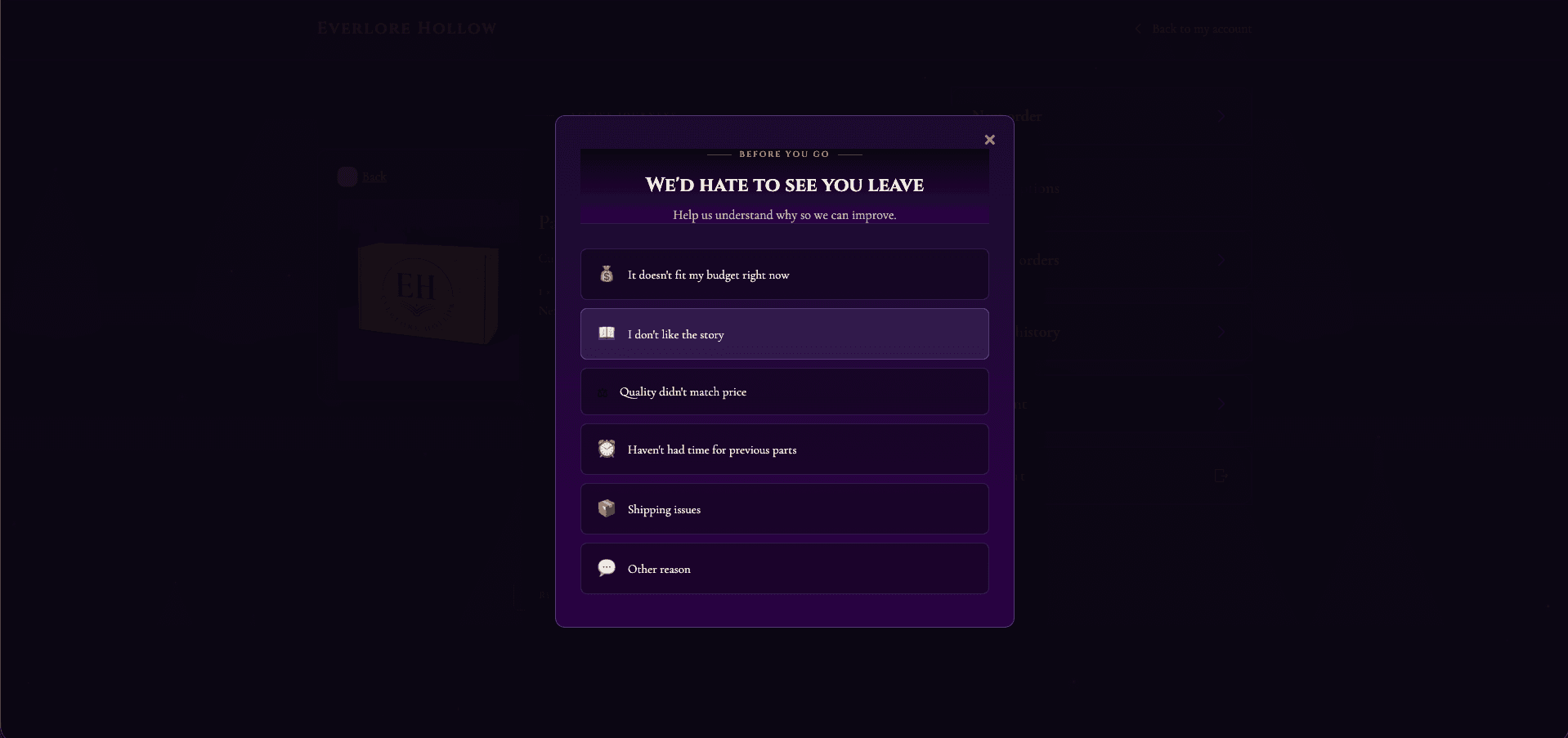 Custom subscription portal - cancellation save flow with reason selection